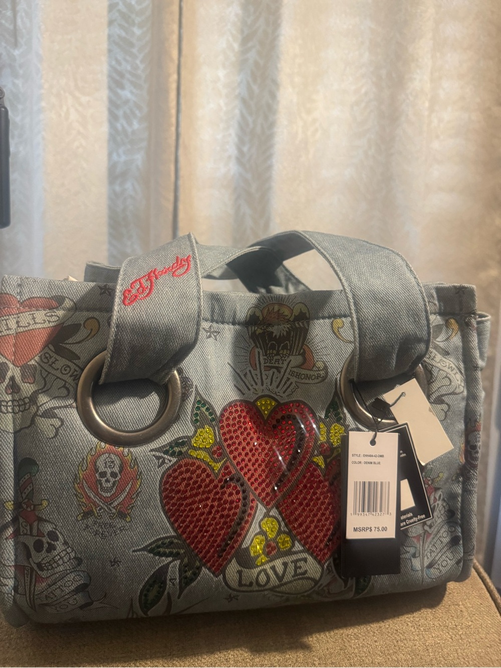 Ed Hardy Denim Tote with Red Sequin Heart Motif